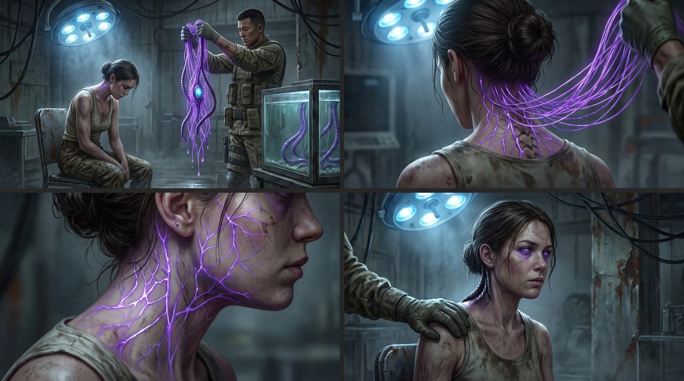 Four stages of a symbiote bonding with a volunteer: filaments entering her neck, violet veins spreading, and her eyes opening violet