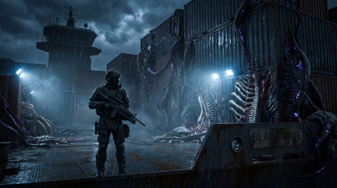 A lone soldier on the rain-soaked deck of an alien-infested freighter at night