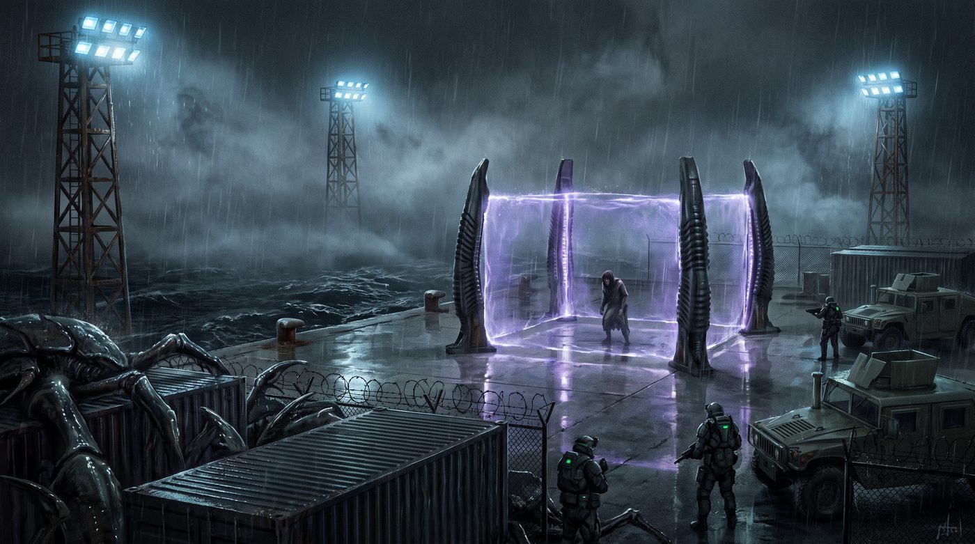 A harbor at night where soldiers approach glowing violet alien pylons