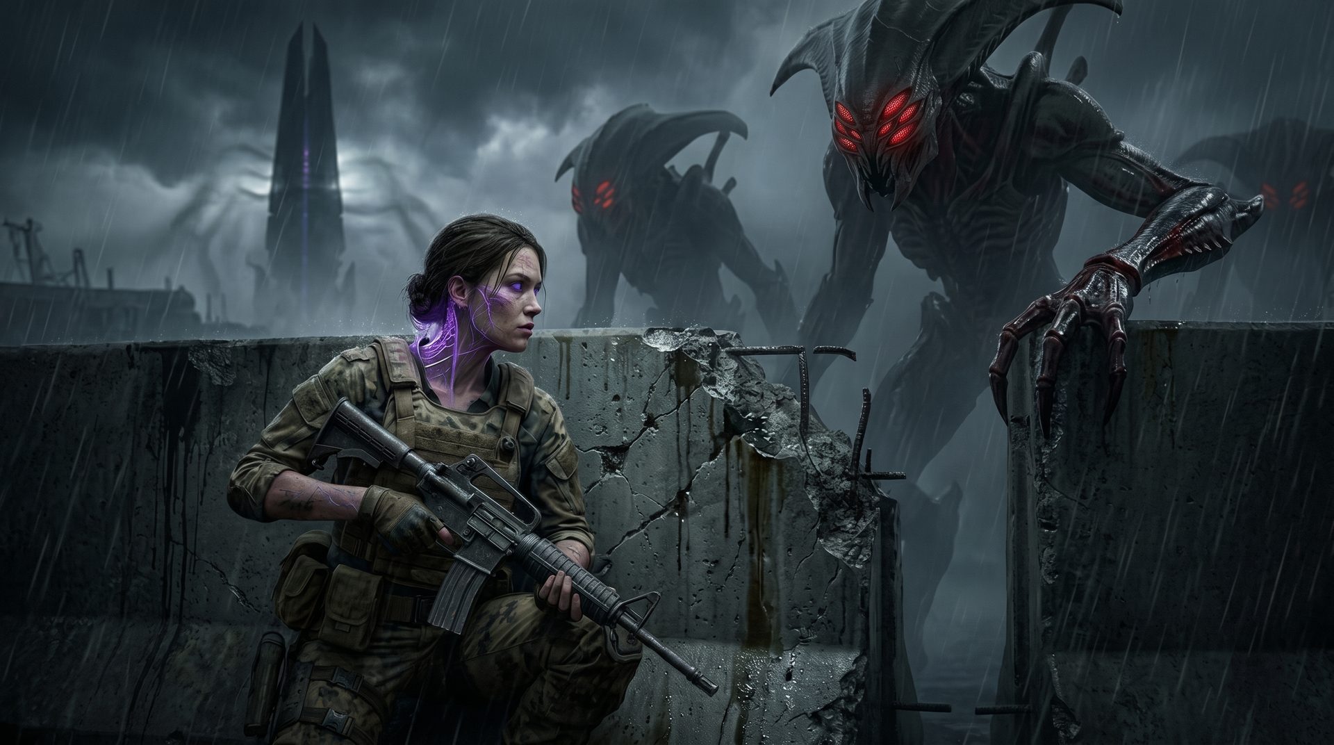 A resistance soldier crouches behind a ruined wall in the rain while a towering alien grips the stone above her