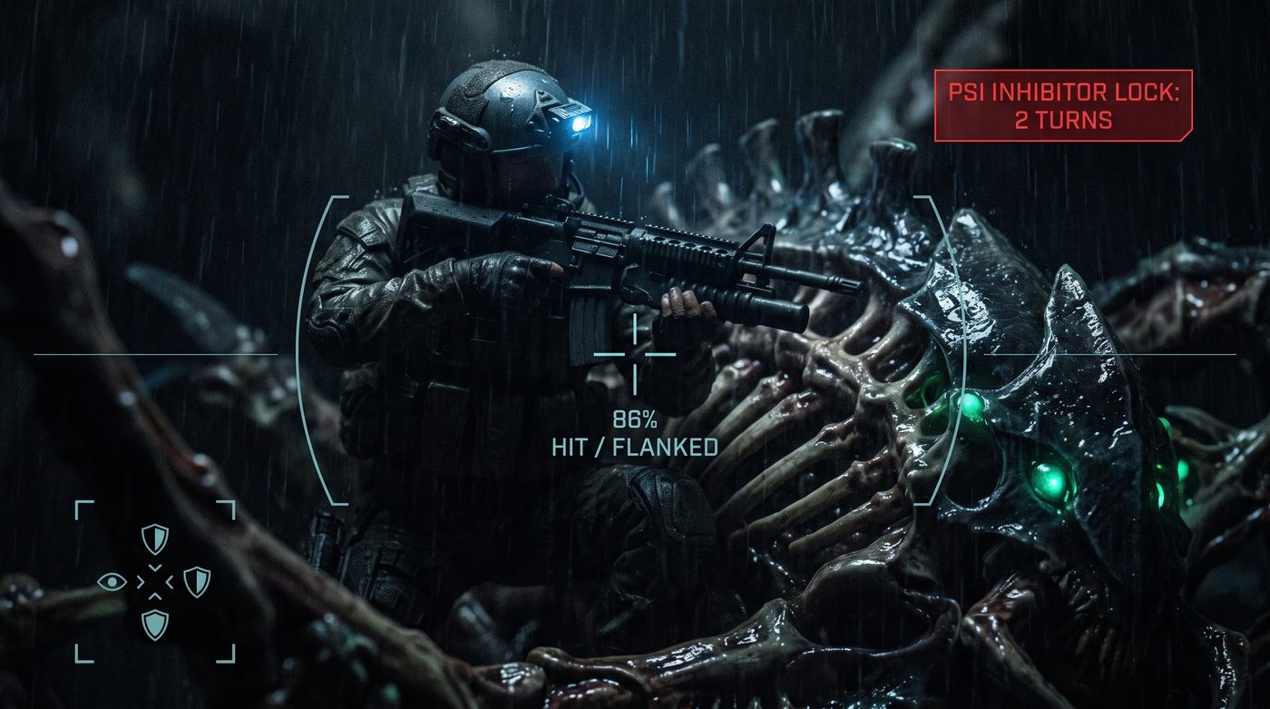 Tactical combat view with a hit chance readout and a psi inhibitor warning