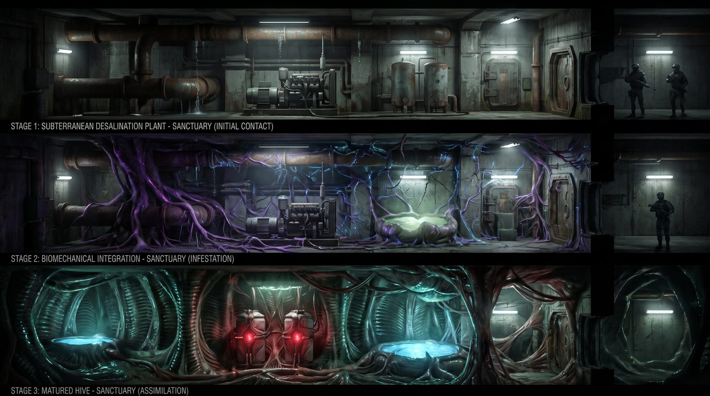 Three stages of a desalination plant base transforming into a living biomechanical hive