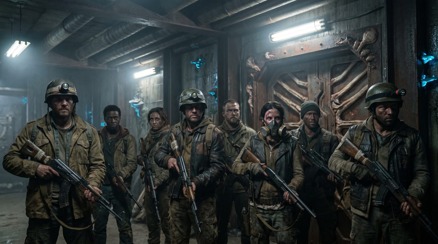 A squad of resistance volunteers in a dim bunker corridor