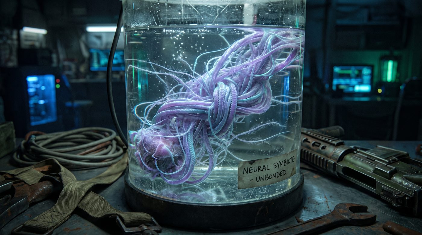 A braided, glowing filament symbiote suspended in a specimen tank