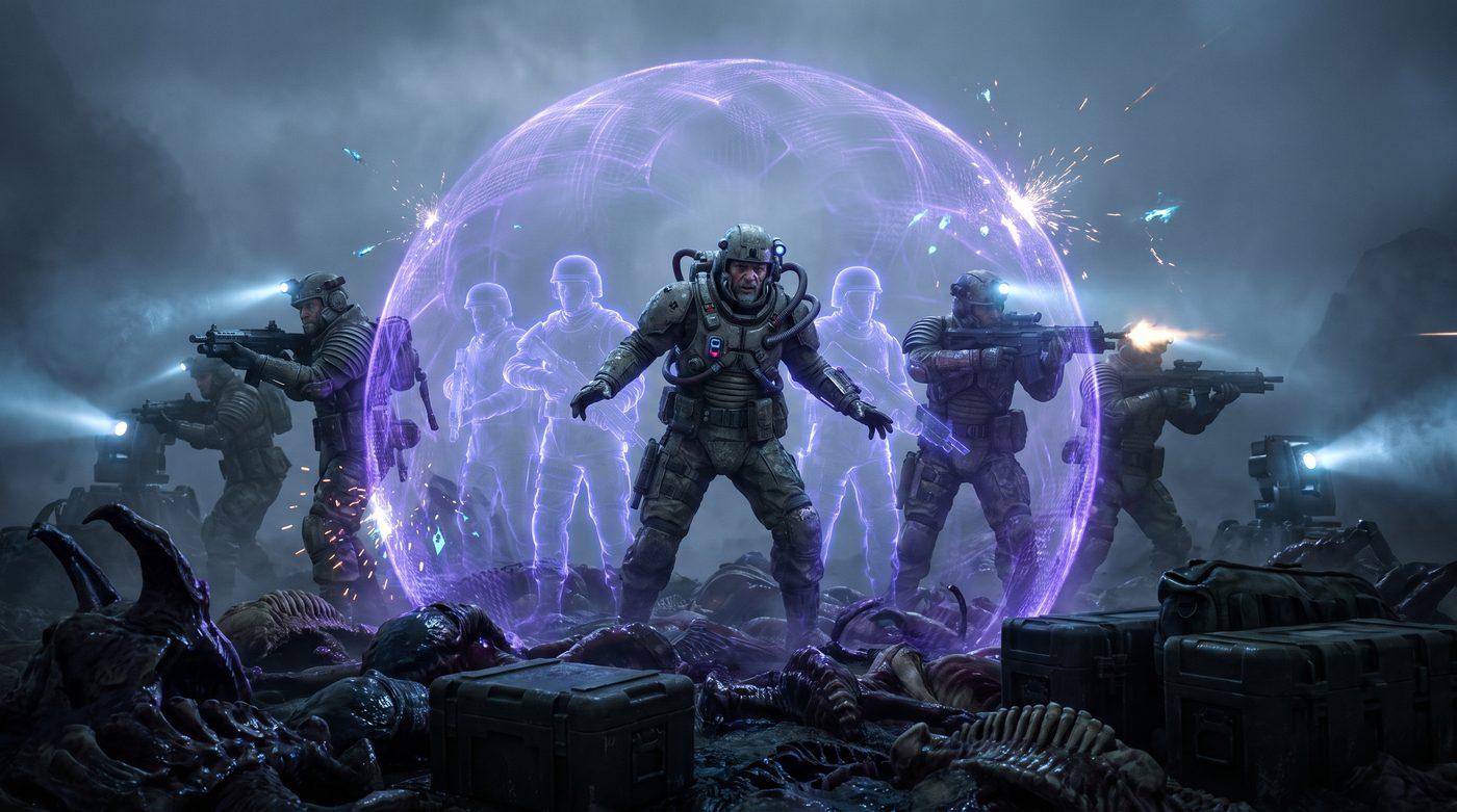 A bonded soldier projects a violet psionic shield over the squad as enemies close in