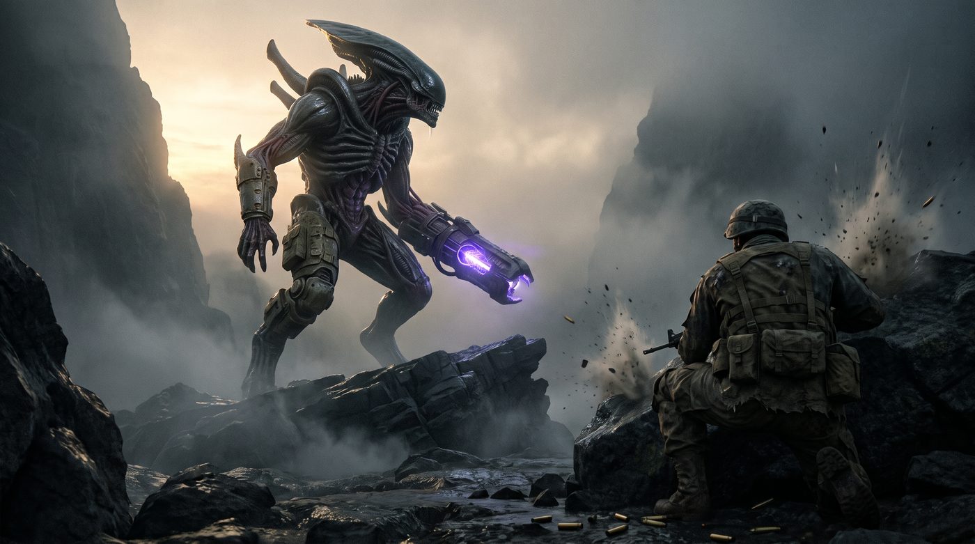 A towering armored alien warden advances on a soldier taking cover among rocks